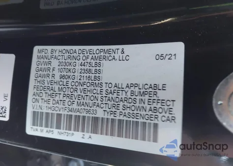 2021 Honda Accord Sport from USA, damaged, VIN 1HGCV1F34MA079633